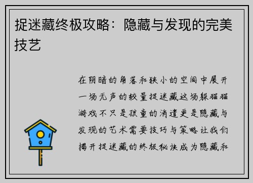捉迷藏终极攻略：隐藏与发现的完美技艺