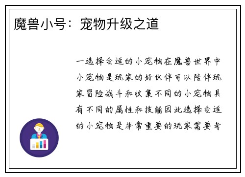 魔兽小号：宠物升级之道